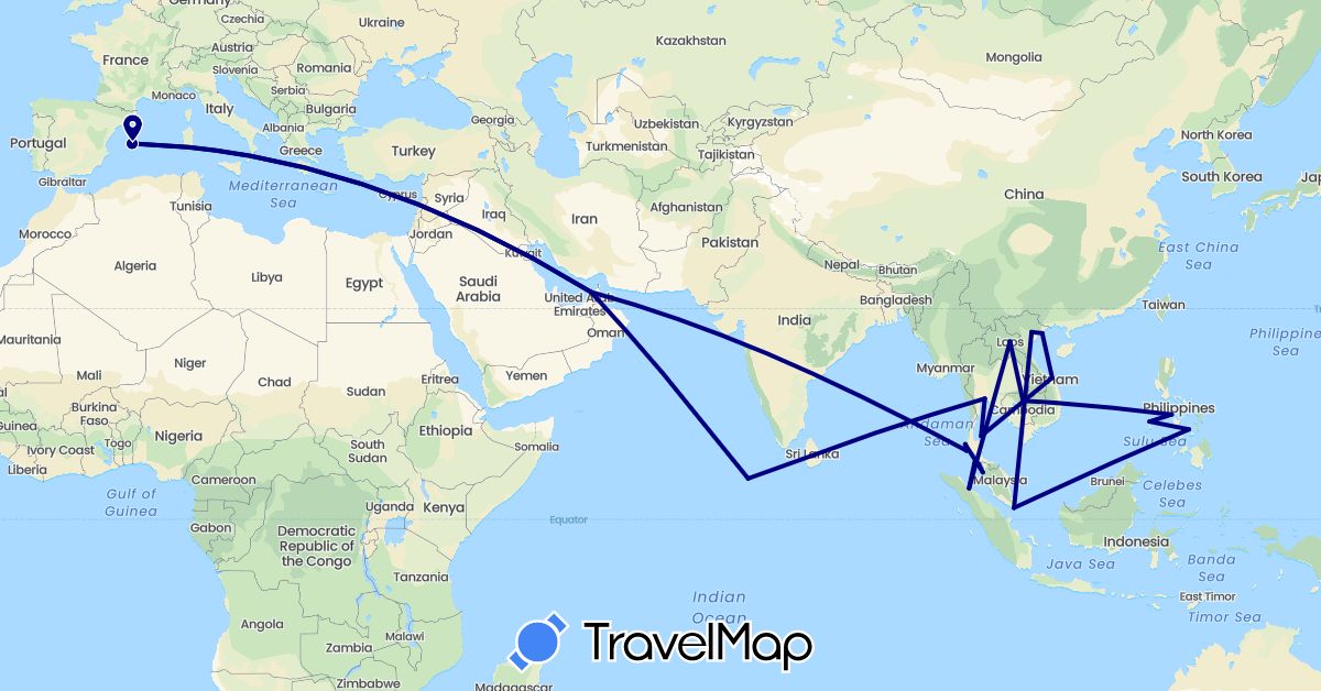 TravelMap itinerary: driving in United Arab Emirates, Spain, Indonesia, Cambodia, Laos, Maldives, Malaysia, Philippines, Singapore, Thailand, Vietnam (Asia, Europe)
